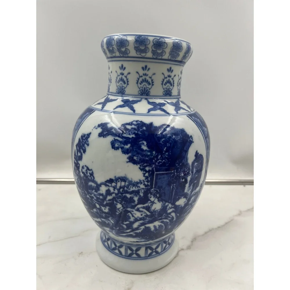 Vintage Blue and White Porcelain Vase Chinoiserie Pastoral Scene Floral 11 Inch